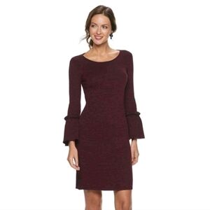 Nina Leonard NWT Ribbed Long Bell Sleeve Dress Wine Multi Womens L Burgundy